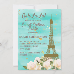 Invitación Torre Eiffel dorada azul verde menta Dulces 16