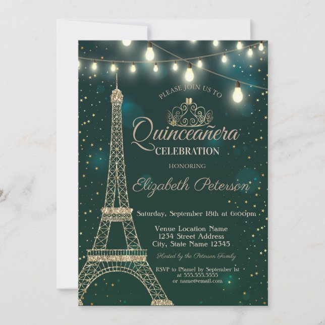 Invitación Torre Eiffel Dorada Brilla Verde Quinceañera (Anverso)