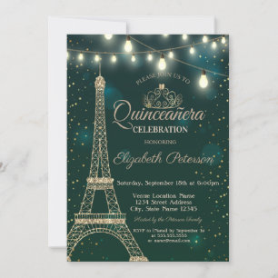 Invitación Torre Eiffel Dorada Brilla Verde Quinceañera