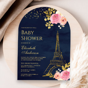 Invitación Torre Eiffel dorada con flores rosadas Baby Shower