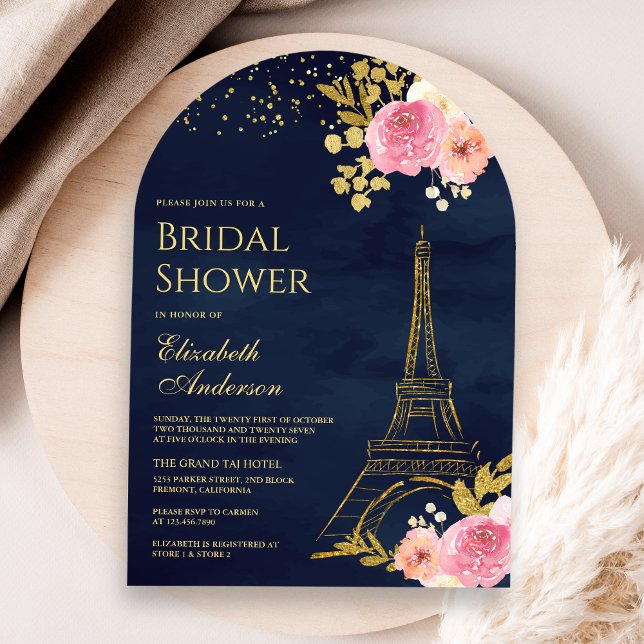 Invitación Torre Eiffel dorada con flores rosadas para desped (Subido por el creador)