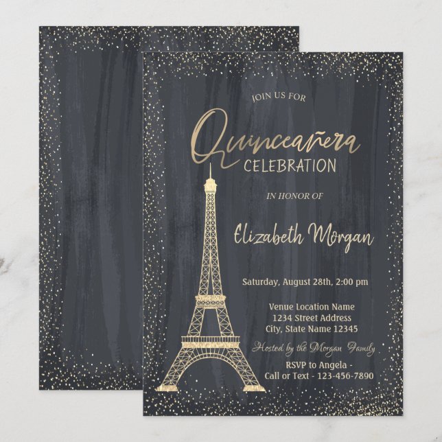 Invitación Torre Eiffel dorada Confeti Quinceañera (Anverso / Reverso)