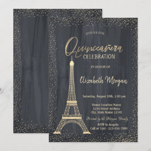 Invitación Torre Eiffel dorada Confeti Quinceañera