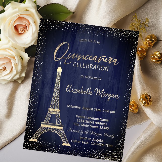 Invitación Torre Eiffel dorada Confeti Quinceañera Azul Marin (Subido por el creador)