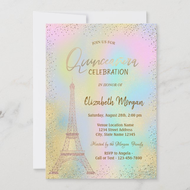 Invitación Torre Eiffel dorada Confeti Quinceañera holográfic (Anverso)