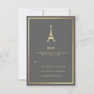 Invitación Torre Eiffel dorada elegante en RSVP de boda gris