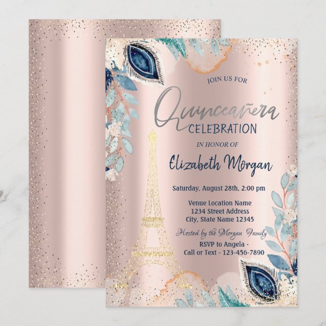 Invitación Torre Eiffel dorada, Flores, Quinceañera de Rosa D (Anverso / Reverso)