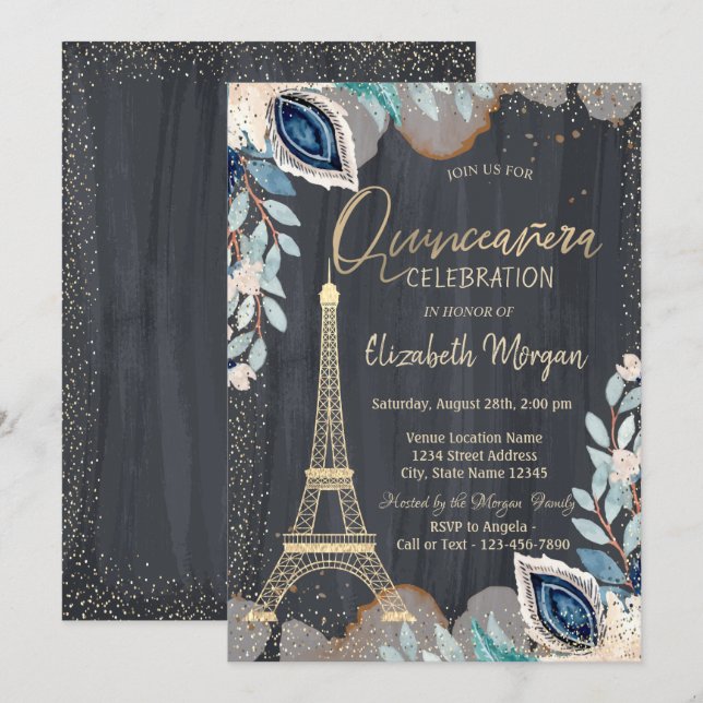 Invitación Torre Eiffel dorada, Flores, Quinceañera negra (Anverso / Reverso)