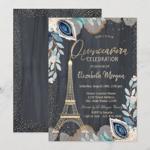 Invitación Torre Eiffel dorada, Flores, Quinceañera negra