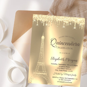 Invitación Torre Eiffel dorada, Quinceañera Chic con gotas