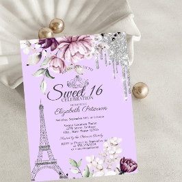 Invitación Torre Eiffel, Drips, Flores Lilac Dulce 16