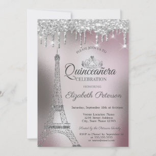 Invitación Torre Eiffel, Dris Rosa Metálico Quinceañera