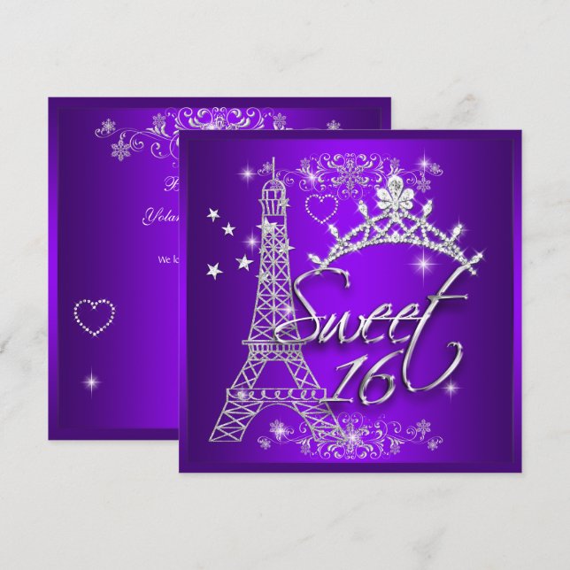 Invitación Torre Eiffel Dulces Dieciséis Morado (Anverso / Reverso)