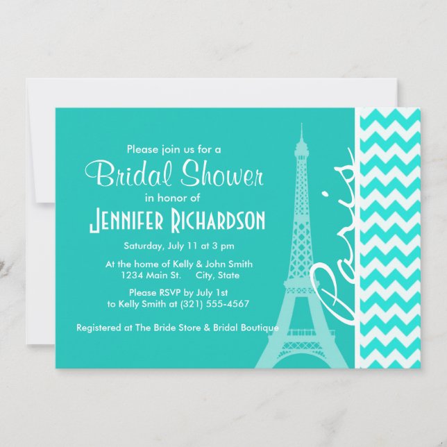 Invitación Torre Eiffel en Aqua Color Chevron (Anverso)