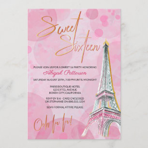 Invitación Torre Eiffel Femenina Rosa y Dorada París Cumpleañ