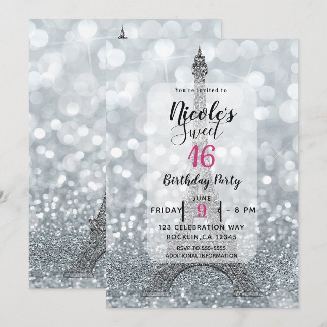 Invitación Torre Eiffel Fiesta Brillo Destello Purpurina Plat (Anverso / Reverso)