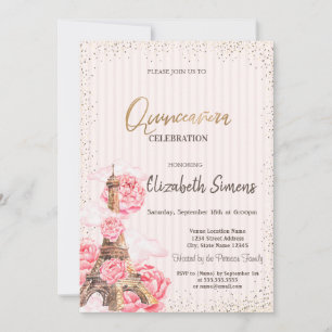 Invitación Torre Eiffel floral Confeti Rayado Quinceañera