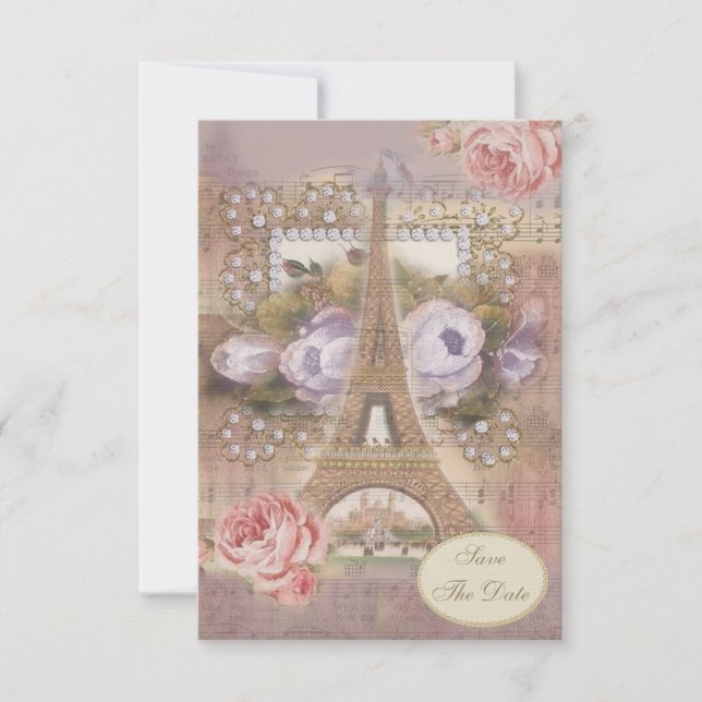 Invitación Torre Eiffel Floral Shabby Chic para Guardar la Fe (Anverso)
