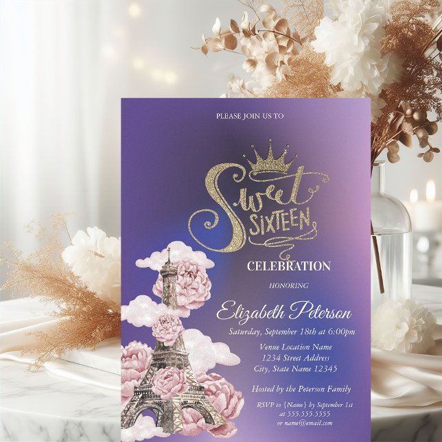 Invitación Torre Eiffel floral violeta dulces 16 (Subido por el creador)