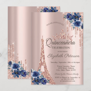 Invitación Torre Eiffel,Flores Azules Goteando Quinceañera