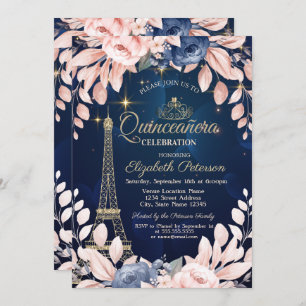 Invitación Torre Eiffel, Flores azules, Quinceañera azul mari