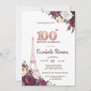 Invitación Torre Eiffel Flores Borgoña 100 Cumpleaños