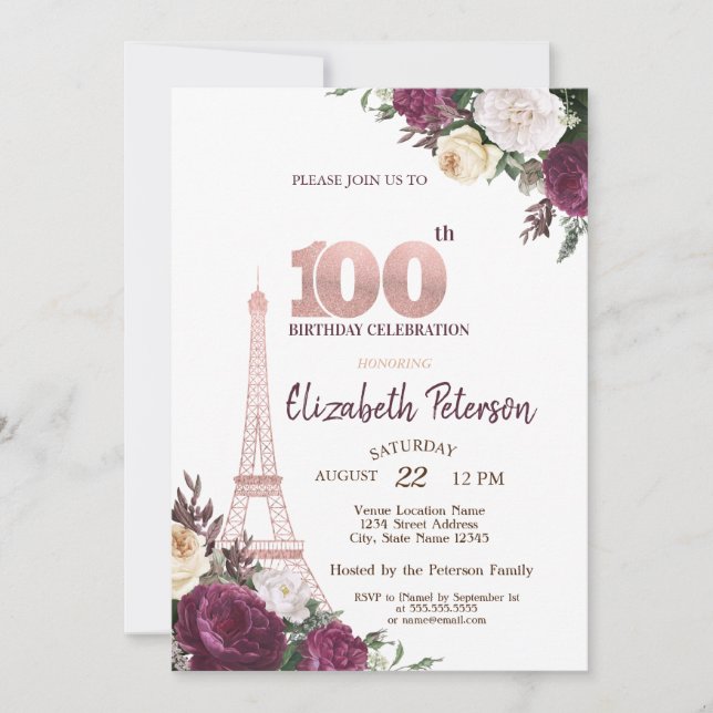 Invitación Torre Eiffel Flores Borgoña 100 Cumpleaños (Anverso)