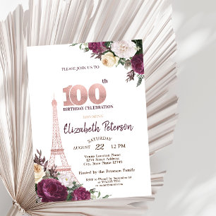 Invitación Torre Eiffel Flores Borgoña 100 Cumpleaños