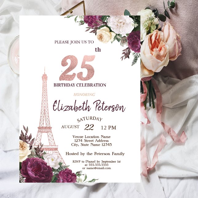 Invitación Torre Eiffel Flores Borgoña 25 Cumpleaños (Subido por el creador)