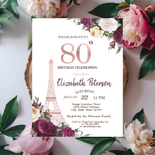 Invitación Torre Eiffel Flores Borgoña 80 Cumpleaños