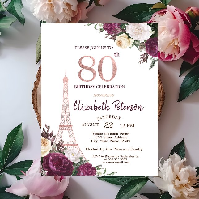 Invitación Torre Eiffel Flores Borgoña 80 Cumpleaños (Subido por el creador)