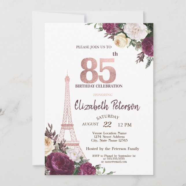 Invitación Torre Eiffel Flores Borgoña 85 Cumpleaños (Anverso)