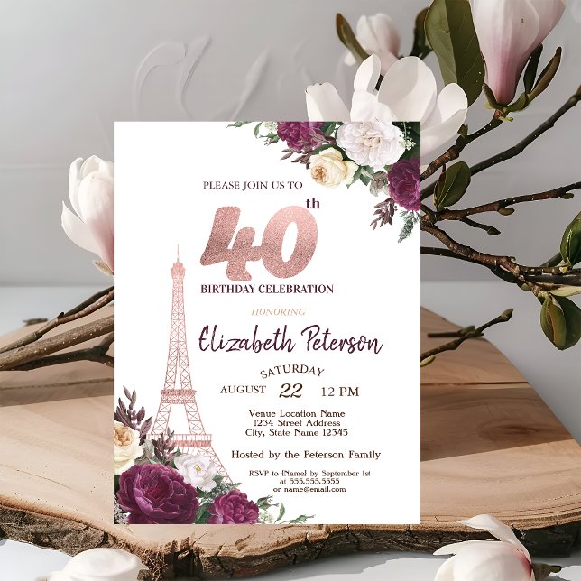 Invitación Torre Eiffel Flores Borgoña Cumpleaños 40 (Subido por el creador)
