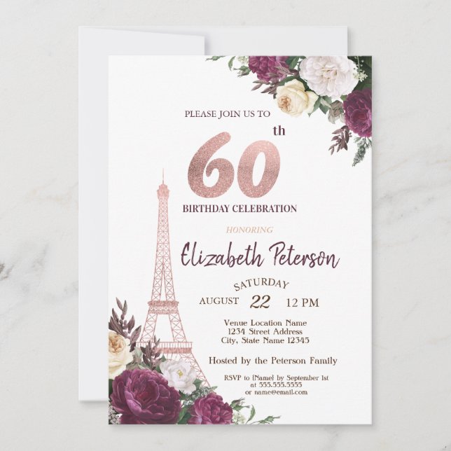 Invitación Torre Eiffel Flores Borgoña Cumpleaños 60 (Anverso)