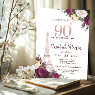 Invitación Torre Eiffel Flores Borgoña Cumpleaños 90