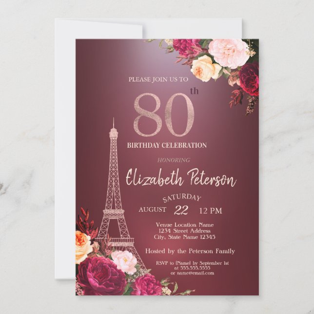 Invitación Torre Eiffel Flores Borgoña Rosas Cumpleaños 80 (Anverso)