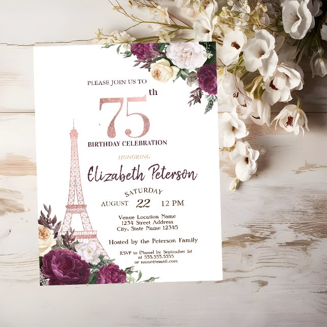 Invitación Torre Eiffel Flores de Borgoña 75 Cumpleaños (Subido por el creador)