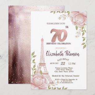 Invitación Torre Eiffel Flores Rosadas Cumpleaños 70