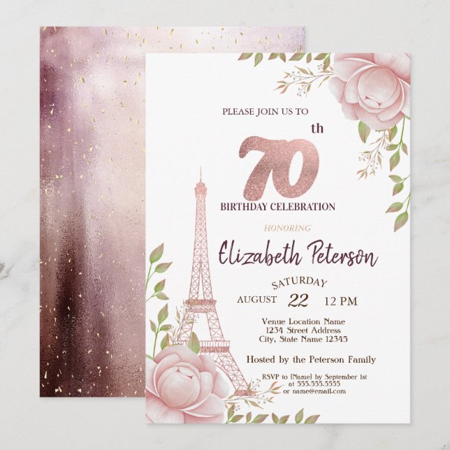 Invitación Torre Eiffel Flores Rosadas Cumpleaños 70 (Anverso / Reverso)