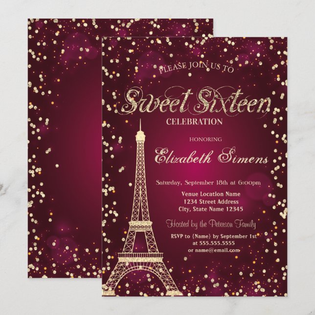 Invitación Torre Eiffel Glitter Gold Diamantes Rojo Dulces 16 (Anverso / Reverso)