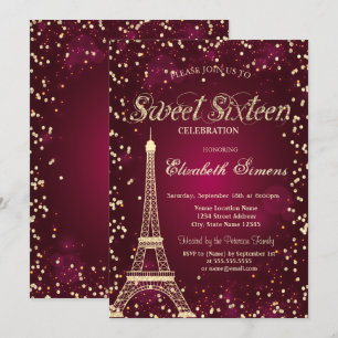 Invitación Torre Eiffel Glitter Gold Diamantes Rojo Dulces 16
