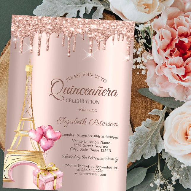 Invitación Torre Eiffel Globos Presentes Rosa Dorado Gotea  (Subido por el creador)