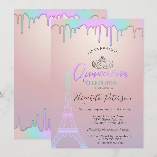 Invitación Torre Eiffel, gotas de arcoíris Quinceañera (Anverso / Reverso)