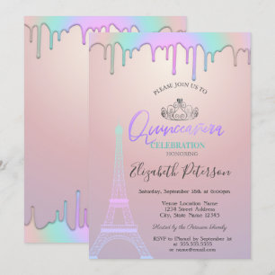 Invitación Torre Eiffel, gotas de arcoíris Quinceañera