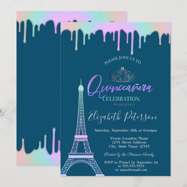 Invitación Torre Eiffel, gotas de arcoíris sobre azul Quincea (Anverso / Reverso)