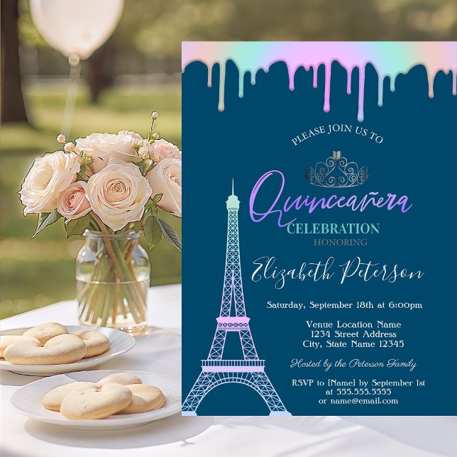 Invitación Torre Eiffel, gotas de arcoíris sobre azul Quincea (Subido por el creador)