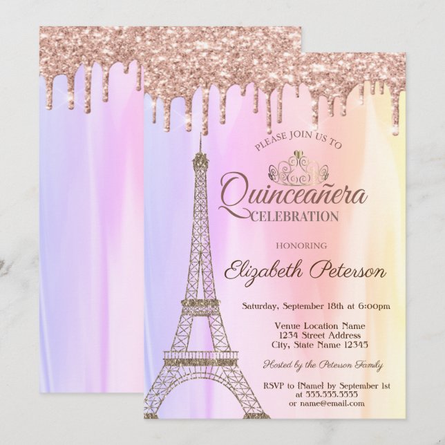 Invitación Torre Eiffel, gotas de rosa oro Ombre Quinceañera (Anverso / Reverso)