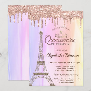 Invitación Torre Eiffel, gotas de rosa oro Ombre Quinceañera