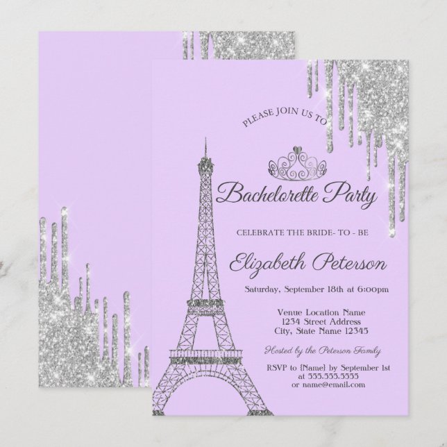 Invitación Torre Eiffel,Gotas,Fiesta de Despedida de Soltera  (Anverso / Reverso)