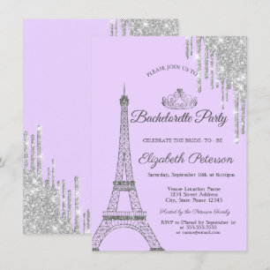 Invitación Torre Eiffel, gotas, Fiesta de soltera púrpura 